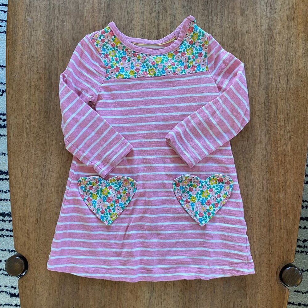 Mini Boden Stripe Floral Print Jersey Dress, Formica Pink, heart-shaped pockets